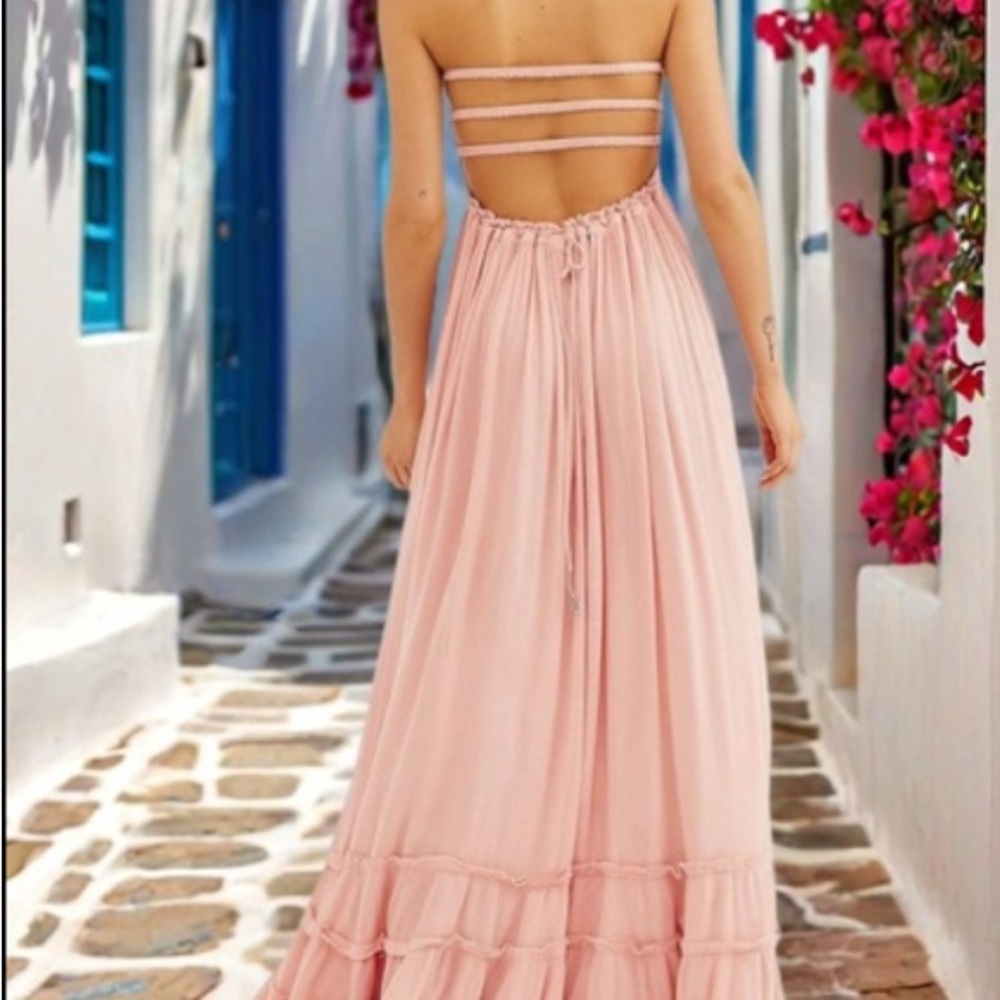 Pink Pleated Ruffled Backless Sundress - Picture 1 of 3